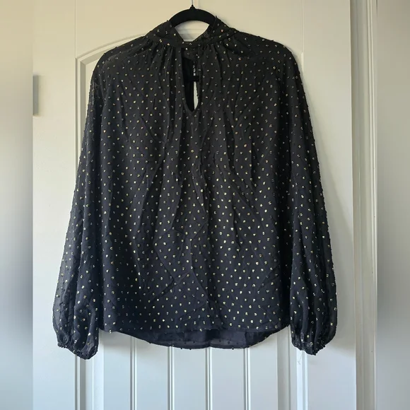 Trina Turk Quiet Luxury Sheer Ballon Sleeve Black Blouse W/Gold Accents M - Picture 3 of 14